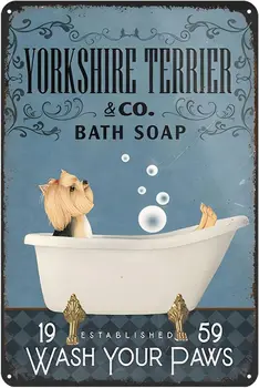 Жестяные вывески для ванной комнаты для собак породы Йоркширский терьер, Металлическая вывеска компании по производству мыла для ванны, Винтажный Декор стен ванной комнаты в фермерском доме