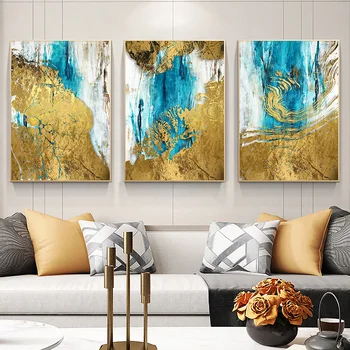 Настенное искусство, Скандинавский синий Золотой плакат, современные картины, абстрактная живопись маслом на холсте для гостиной, офиса, домашнего декора в рамке