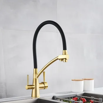 Золотой смеситель для кухонной раковины с выдвижным механизмом для чистой воды, вращающийся на 360 градусов, кран для очистки горячей и холодной воды