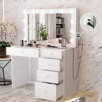 Столик для макияжа с зеркалом и подсветкой, 5 выдвижных ящиков, место для хранения, стеклянная столешница, белый туалетный столик в спальне