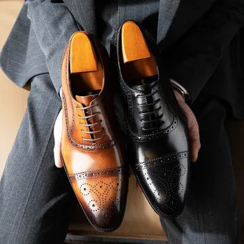 Официальная Комфортная Обувь Из натуральной Кожи Для Мужчин, Черные Коричневые Оригинальные Мужские Модельные Туфли На шнуровке, Свадебные Модные Оксфордские Туфли, Мужские
