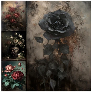 Красные розы и черная роза, темные винтажные цветы, настенное искусство, холст, цветочная эстетика, темнота, готический художественный плакат, принт, декор