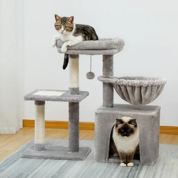 Башня из кошачьего дерева для домашних кошек, 2 стиля, дерево для занятий с кошачьими когтеточками, большой гамак и съемная верхняя жердочка серого цвета
