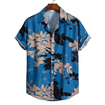 Повседневная мужская рубашка в полоску со свободным отворотом и цветным принтом, короткая запонка на манжете, Гавайский летний топ на песчаном пляже