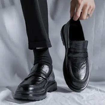 Новые Черные Мужские Лоферы из искусственной кожи С круглым носком Без Застежки, Свадебная Официальная Мужская обувь, Деловая Повседневная обувь, Офисная обувь B173