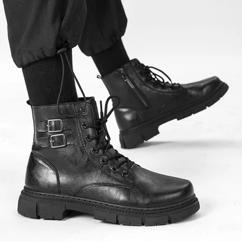 Осенние мужские повседневные кроссовки, кожаные ботильоны на массивной платформе, Высокие Черные мужские ботинки, Мужская рабочая обувь, уличные ботинки