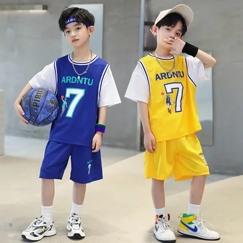 2023 Спортивная одежда для мальчиков, костюм для баскетбола, Летняя детская мода, Футболка с короткими рукавами и надписями 
