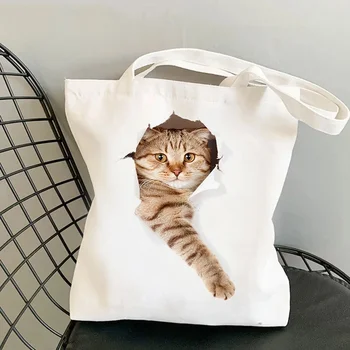 Холщовая сумка с милым котом с 3D-печатью Kawaii, женская повседневная сумка через плечо большой емкости, многоразовая экологичная хозяйственная сумка на молнии