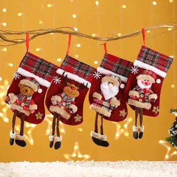 Рождественские украшения, чулки Санта Клауса, Клетчатые куклы, льняные чулки, подвеска в виде Рождественской елки, Рождественский подарочный пакет