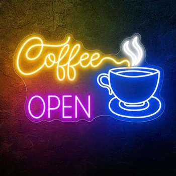 Неоновая вывеска кофе, неоновые вывески открытого кофейного магазина, светильники для освещения бара, магазина, повседневные украшения внутри и снаружи