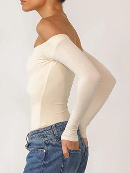 Женские укороченные топы с открытыми плечами, тонкая однотонная рубашка с длинным рукавом на весну-лето
