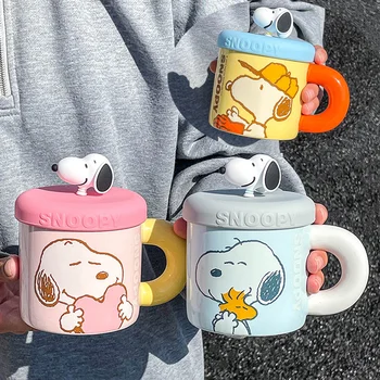 Новый керамический стакан для воды Miniso Snoopy Kawaii Мультфильм Аниме с крышкой Кружка Милая чашка для завтрака Офисный стакан для воды Подарок для подруги