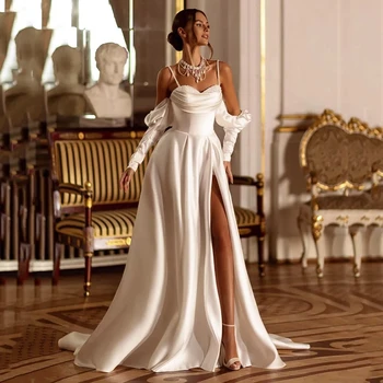 Свадебные платья Русалки с длинными рукавами 2024 Для женщин, Атласное Сексуальное свадебное платье с V-образным вырезом и открытой спиной с кружевными аппликациями и шлейфом-разверткой