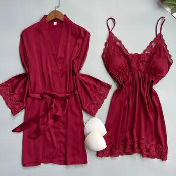 Женский халат, Ночная рубашка, костюм, Женское Шелковистое Атласное Кимоно, пижама, ночная рубашка, Сексуальный кружевной халат, комплект весенней летней одежды для отдыха