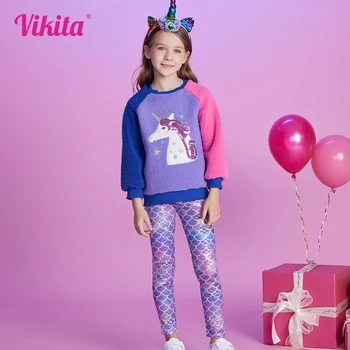 Детские комплекты одежды VIKITA для девочек на осень-зиму, толстые теплые флисовые свитшоты с аппликацией единорога и штаны с принтом русалки, 2 шт.