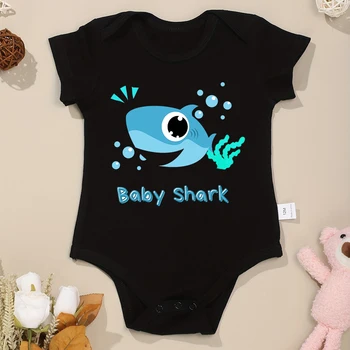 Baby Shark Милая одежда для мальчиков, комбинезон из черного хлопка высокого качества с коротким рукавом и круглым вырезом, комбинезон для новорожденных с рисунком Каваи Харадзюку