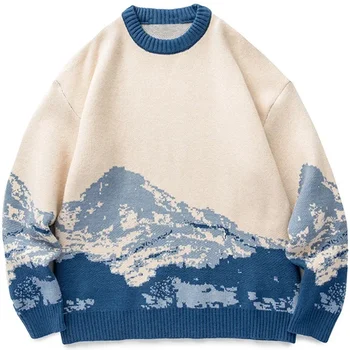 Мужская уличная одежда в стиле хип-хоп, свитер Harajuku, Винтажный Японский стиль, вязаный свитер Snow Mountain, Зимний Повседневный пуловер, трикотаж
