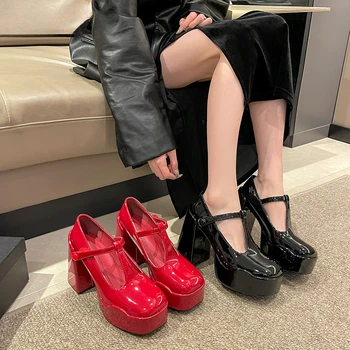 Дизайнерские женские туфли-лодочки с модной неглубокой пряжкой, женские элегантные туфли на высоком квадратном каблуке, на платформе с круглым носком, женские туфли Mary Jane
