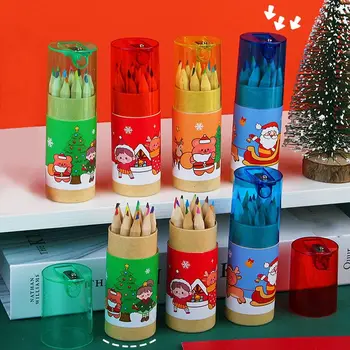 12 цветных рождественских цветных карандашей, ручка для рисования в школьном офисе для детей со встроенной точилкой, Деревянные карандаши