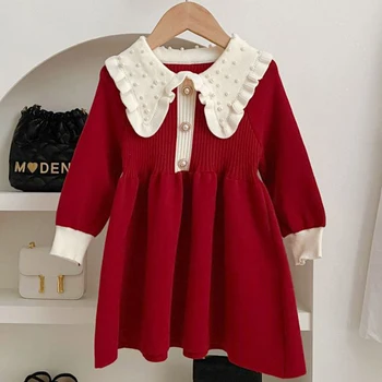 Платье-свитер для девочек 2, 3, 4, 5, 6 лет, плиссированная юбка с лацканами, украшенная жемчугом, для маленьких девочек, модная трикотажная нижняя рубашка