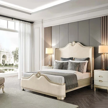 Комплекты постельного белья в американском стиле Тканевая деревянная кровать Современный комплект мебели для спальни с деревянной рамой размера queen size